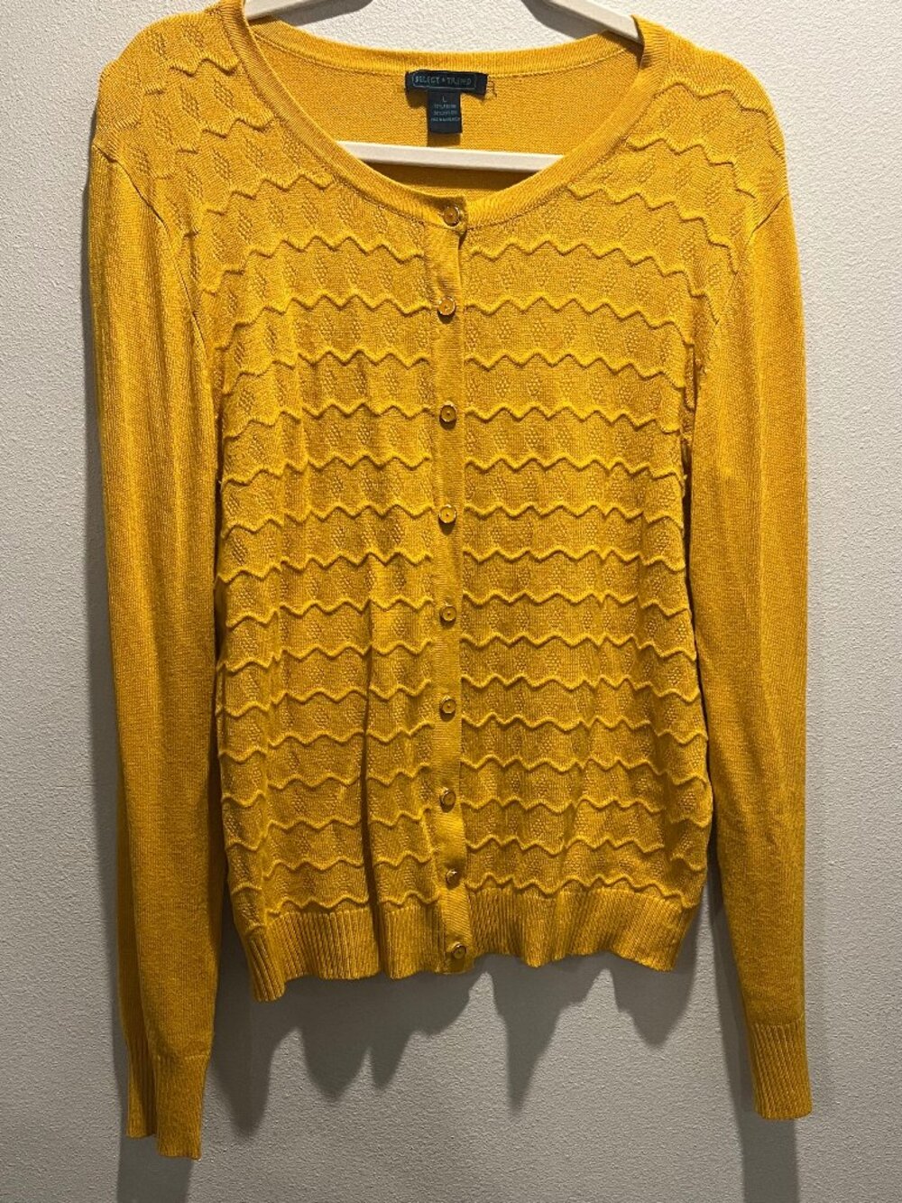 Select + Trend Mustard Yellow Knit Cardigan with Gold Buttons, Size Large